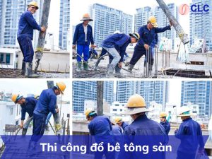 Công nhân đổ bê tông sàn tại công trình, ảnh ghép của Cửu Long CLC